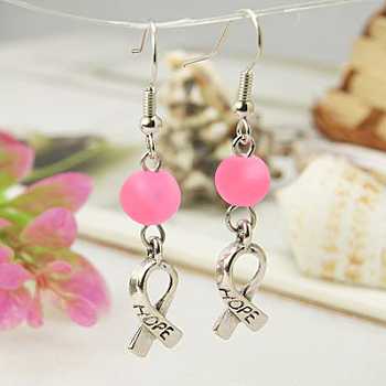 Hope Breast Cancer Earrings, Pink Awareness Ribbon Charms and Brass Earring Hook, Pearl Pink, about 47mm long