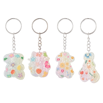 Bear/Rabbit Printed Opaque Acrylic Pendant Keychain, with Iron Split Key Rings, Colorful, 8.9~9.3cm