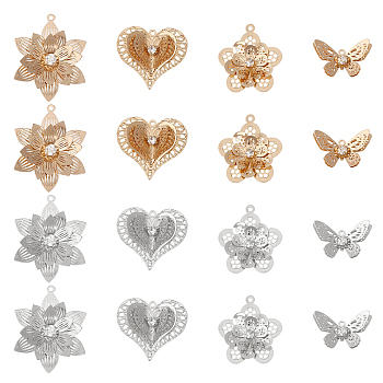 16Pcs 8 Style Brass Pendants, with Crystal Rhinestone, Flower & Butterfly & Heart, Platinum & Light Gold, 12~31.5x20~25.5x4~7mm, Hole: 1.2~1.5mm, 2pcs/style