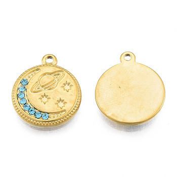 304 Stainless Steel Pendants, with Aquamarine Rhinestone, Flat Round with Moon & Planet, Real 18K Gold Plated, 16.5x14x2mm, Hole: 1.4mm