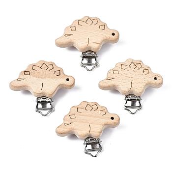Beech Wood Baby Pacifier Holder Clips, with Iron Clips, Dinosaur, Platinum, BurlyWood, 46.5x56.5x19mm, Hole: 3.5x6mm