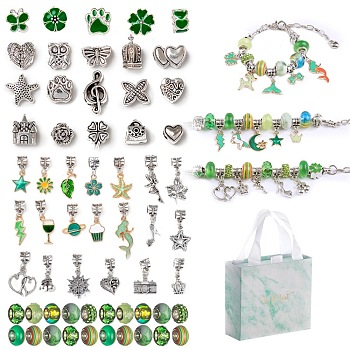 DIY Alloy European Bracelets Making Kits, including Alloy and Resin European Beads, Alloy Enamel Dangle European Charms, Paper Box, Green
