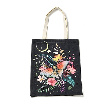 Flower & Butterfly & Moon Printed Canvas Women's Tote Bags, with Handle, Shoulder Bags for Shopping, Rectangle, Colorful, 60cm