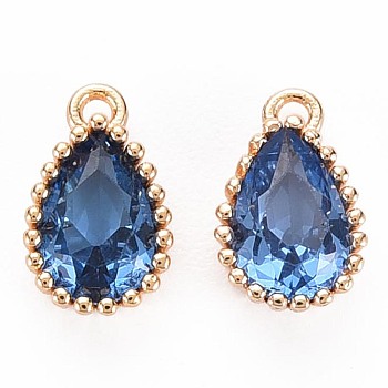 Brass Inlaid Cubic Zirconia Charms, Nickel Free, Long-Lasting Plated, Real 18K Gold Plated, Teardrop, Dodger Blue, 8x5x2mm, Hole: 0.8mm