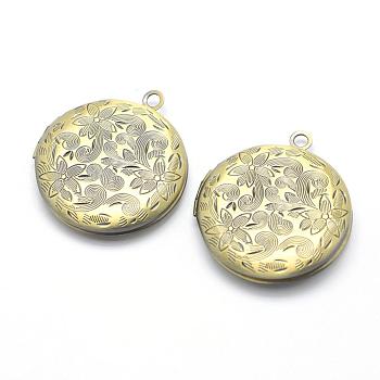 Brass Locket Pendants, Photo Frame Charms for Necklaces, Cadmium Free & Nickel Free & Lead Free, Flat Round with Flower, Brushed Antique Bronze, 31x27x5.5mm, Hole: 2mm, Inner Size: 20mm