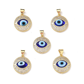 Real 18K Gold Plated Brass Clear Cubic Zirconia Pendants, Flat Round with Lampwork Evil Eye Charms, Lead Free & Cadmium free, Blue, 19x16.5x5mm, Hole: 4mm