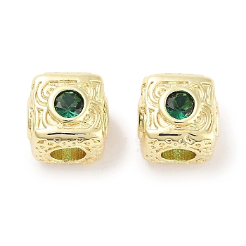 Brass Micro Pave Cubic Zirconia Beads, Cube, Real 18K Gold Plated, Green, 7.5x7.5x7.5mm, Hole: 3mm