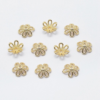 6-Petal Brass Caps, Long-Lasting Plated, Real 18K Gold Plated, Nickel Free, Flower, 10.5x3.5mm, Hole: 1mm