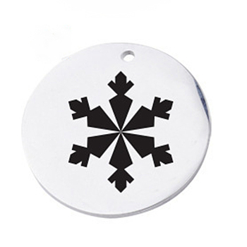 Christmas 304 Stainless Steel Pendants, Flat Round with Snowflake, Stainless Steel Color, 20mm
