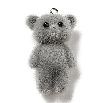 Flocky Opaque Resin Animal Pendants, Bear Charms with Platinum Plated Iron Loops, Gray, 40~42x22.5x16.5mm, Hole: 1.8mm