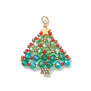 Glass Seed Bead Braided Pendants, with Brass Jump Ring, Christmas Tree, Golden, 32.5x27.5x4mm, Hole: 3.2mm
