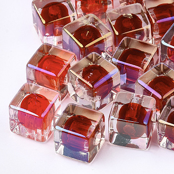 Transparent Acrylic Beads, UV Plating & Rainbow, Bead in Bead, Half Drilled Beads, Cube, Dark Red, 12.5x12.5x12.5mm, Half Hole: 3.5mm