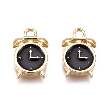 Alloy Enamel Pendants, Clock, Golden, Black, 16x10.5x3mm, Hole: 2mm