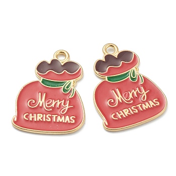 Alloy Enamel Pendants, for Christmas, Light Gold Plated, Bag with Word Merry Christmas, Red, 24x17.5x1mm, Hole: 1mm