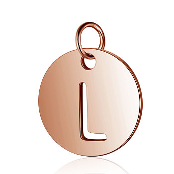 304 Stainless Steel Charms, Flat Round with Letter, Rose Gold, Letter.L, 12x1mm, Hole: 2.5mm