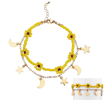 Glass Seed Braided Flower Multi-strand Bracelet, 304 Stainless Steel Moon and Star Charm Bracelet with Brass Chains for Women, Golden, Yellow, 7-1/8 inch(18cm)