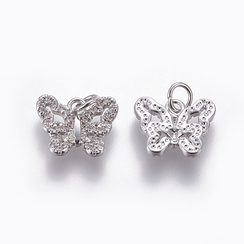Brass Micro Pave Cubic Zirconia Charms, Butterfly, Clear, Platinum, 10x12.5x2mm, Hole: 3mm