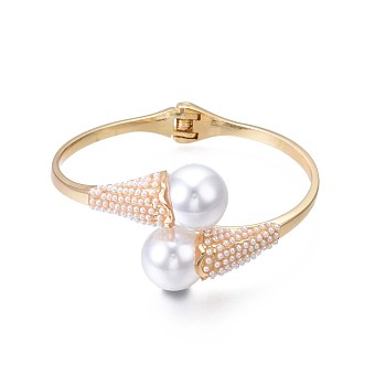 ABS Plastic Pearl Round Beaded Open Cuff Bangle, Brass Chunky Hinged Bangle for Women, Golden, Inner Diameter: 1-7/8x2-1/2 inch(4.7x6.2cm)