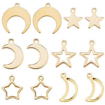 60Pcs 6 Style 304 Stainless Steel Charms, Moon and Star, Golden, 11.5~16x9~12.5x0.7~1mm, Hole: 1~1.4mm, 10pcs/style