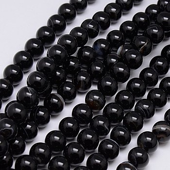 Natural Striped Agate/Banded Agate Beads Strands, Dyed, Round, Black, 10mm, Hole: 1.2mm, about 38pcs/strand, 15.75 inch