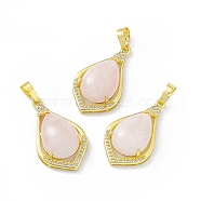 Natural Rose Quartz Pendants, Teardrop Charms, with Golden Tone Rack Plating Brass Findings, Cadmium Free & Lead Free, 32x18.5x9.5mm, Hole: 8x4.5mm(G-H283-04C)