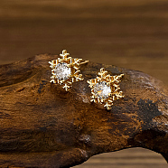 Stainless Steel Micro Pave Cubic Zirconia Stud Earrings, Snowflake, Real 18K Gold Plated, 12mm(HL5648)