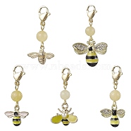 5Pcs Bee Alloy Enamel Pendant Decorations, Natural Topaz Jade Beads and Lobster Claw Clasps Charm, Light Khaki, 33~40mm, Bees: 11.5~19x15~23.5x3~4mm(HJEW-JM01728)