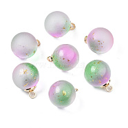 Two Tone Transparent Spray Painted Glass Pendants, with Light Gold Plated Brass Loop, Frosted, with Glitter Powder, Round, Violet, 16x12mm, Hole: 2mm(GLAA-N035-020C-C02)