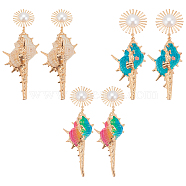 3 Pairs 3 Colors Golden Alloy Sun with Shell Shape Dangle Stud Earrings, Plastic Pearl Beaded Long Drop Earrings, Mixed Color, 95~105x28~32mm, 1 Pair/color(EJEW-AN0004-40)