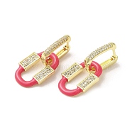 Oval Real 18K Gold Plated Brass Dangle Hoop Earrings, with Cubic Zirconia and Enamel, Cerise, 32.5x15mm(EJEW-L268-041G-02)