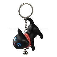 Resin Keychains, with PU Leather Decor and Alloy Split Rings, Cat Shape, Black, 9cm(KEYC-P018-A02)