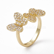 Rack Plating Brass Cubic Zirconia Cuff Rings for Women, Butterfly Long-Lasting Plated Open Ring, Lead Free & Cadmium Free, Real 18K Gold Plated, 2.5mm, Inner Diameter: US Size 6 1/2(17mm), Butterfly: 10x11mm(RJEW-M145-18G)