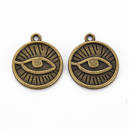 Tibetan Style Alloy Pendants, Cadmium Free & Lead Free, Flat Round with Eye, Antique Bronze, 19x22x2mm, Hole: 2mm(TIBEP-N010-014AB-RS)