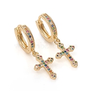 Brass Micro Pave Cubic Zirconia Huggie Hoop Earrings, Long-Lasting Plated, Cross, Colorful, Golden, 33mm, Pin: 1mm(EJEW-G276-17G)