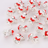 Christmas Alloy Enamel European Beads, Santa Claus, Large Hole Beads, Silver, Red, 17x13.5x12mm, Hole: 5mm(MPDL-R043-01S)