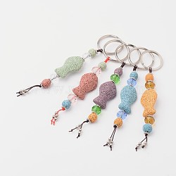 Fish Natural Lava Rock Beads Keychain, with Glass Beads, Iron Ring and Alloy Findings, Mixed Color, 150mm(KEYC-O011-04)