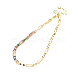 Colorful Cubic Zirconia & Paperclip Chain Necklace for Girl Women Gift, with Rack Plating Brass Chain Extender & Lobster Claw Clasps, Lead Free & Cadmium Free, Real 18K Gold Plated, 13-5/8~13-3/4 inch(34.6~34.8cm)(NJEW-A005-07G)