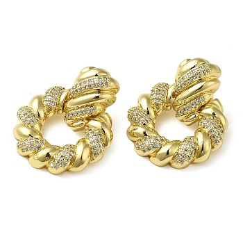 Twist Ring Clear Cubic Zirconia Stud Dangle Earrings, Brass Earrings for Women, Real 16K Gold Plated, 31x24mm