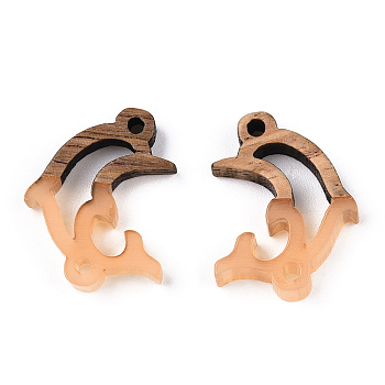 Opaque Resin & Walnut Wood Connector Charms, Dolphin Links, PeachPuff, 14x18.5x3mm, Hole: 1.5mm