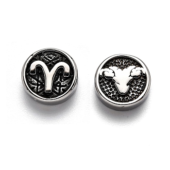 304 Stainless Steel Beads, Flat Round with Twelve Constellations, Antique Silver, Aries, 10x4mm, Hole: 1.8mm