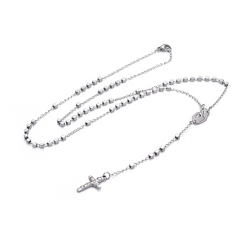 304 Stainless Steel Rosary Bead Necklaces for Easter, Crucifix Cross and Virgin Mary, Stainless Steel Color, 21 inch(53.5cm)