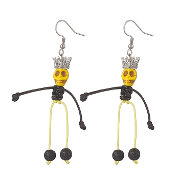 Synthetic Turquoise & Natural Lava Rock Braided Skeleton Dangle Earrings, 316 Surgical Stainless Steel Long Drop Earrings for Halloween, Yellow, 79mm, Pin: 0.8mm