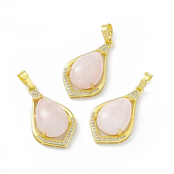 Natural Rose Quartz Pendants, Teardrop Charms, with Golden Tone Rack Plating Brass Findings, Cadmium Free & Lead Free, 32x18.5x9.5mm, Hole: 8x4.5mm
