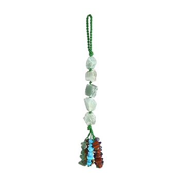 Nuggets Natural Green Aventurine Pendant Decorations, Braided Nylon Thread and Gemstone Chip Tassel Hanging Ornaments, 185~190mm