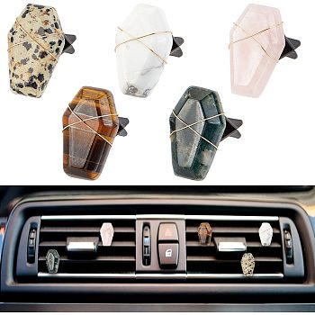 5Pcs 5Pcs Coffin Shape Natural Gemstone Car Air Vent Clips, Cute Automotive Interior Trim, with Magnetic Ferromanganese Iron & Plastic Clip & Copper Wire, Halloween Theme, 38mm