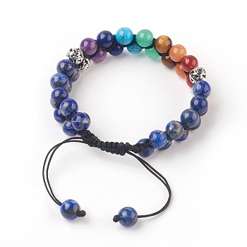 Chakra Natural Lapis Lazuli Braided Bead Bracelets, with Natural & Synthetic Mixed Stone and Alloy Findings, Antique Silver, 2-3/8 inch(6cm)