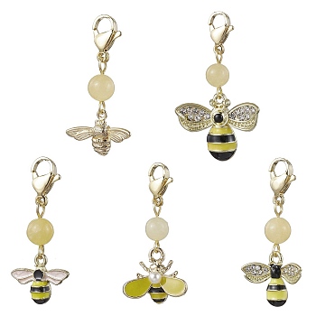 5Pcs Bee Alloy Enamel Pendant Decorations, Natural Topaz Jade Beads and Lobster Claw Clasps Charm, Light Khaki, 33~40mm, Bees: 11.5~19x15~23.5x3~4mm