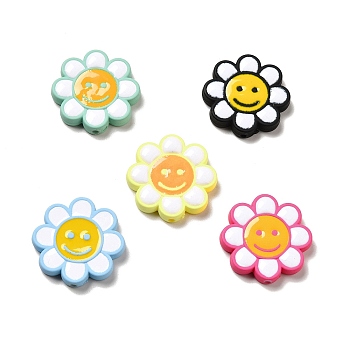 Opaque Acrylic Beads, with Enamel, Flower with Smiling Face, Mixed Color, 24.5~25x4mm, Hole: 1.5mm