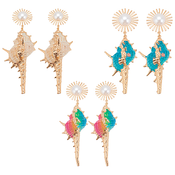 3 Pairs 3 Colors Golden Alloy Sun with Shell Shape Dangle Stud Earrings, Plastic Pearl Beaded Long Drop Earrings, Mixed Color, 95~105x28~32mm, 1 Pair/color