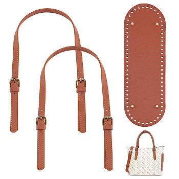 Elite Bag Replacement Accessories Sets, Including 2Pcs PU Leather Bag Handle and 1Pc Knitting Crochet Bags Bottom, Camel, Bag Handle: 67~71x1.4~2.35cm, Hole: 1.2mm, Bag Bottom: 30.3x10.2x0.4~1cm